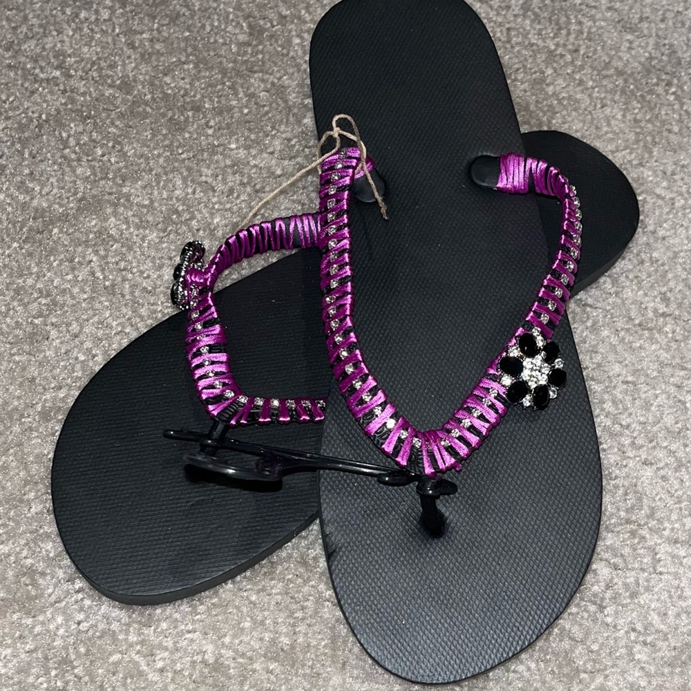 Satin Plum-custom made Black and Purple Crystal flip flops